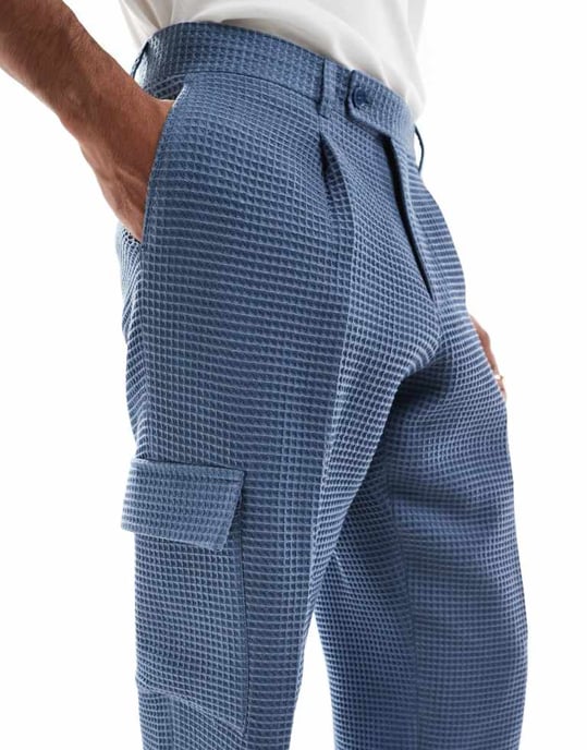 Viggo tailoreed cargo trousers in waffle in stone blue co-ord - Image 3