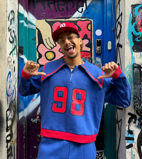 Labelrail x OliBrom dramatic collar quarter zip sweatshirt in blue and red co-ord - Image 1