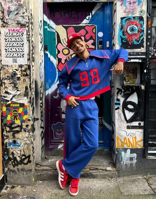 Labelrail x OliBrom dramatic collar quarter zip sweatshirt in blue and red co-ord - Image 2