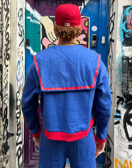 Labelrail x OliBrom dramatic collar quarter zip sweatshirt in blue and red co-ord - Image 3