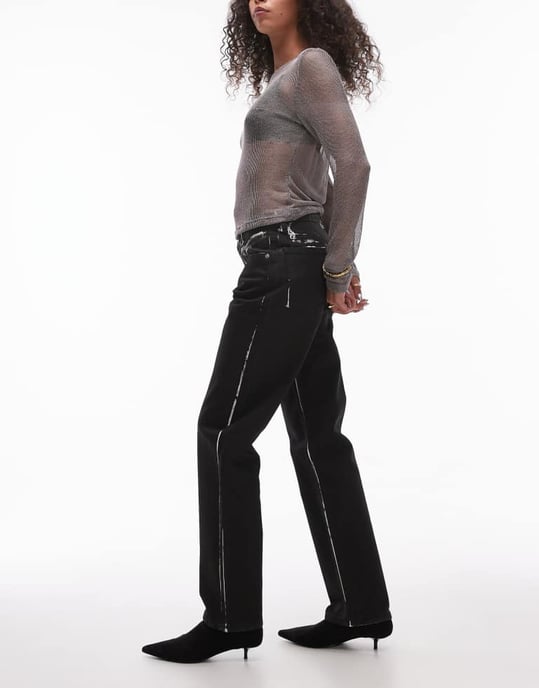 Topshop Runway mid rise straight jean in coated black - Image 3