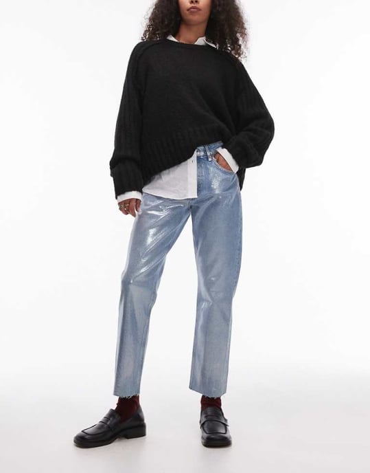 Topshop mid rise straight cropped silver foil jean in bleach - Image 1