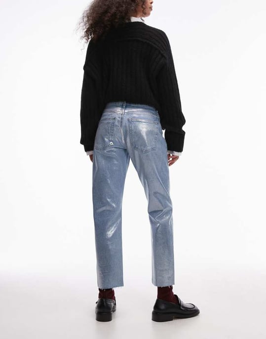 Topshop mid rise straight cropped silver foil jean in bleach - Image 2