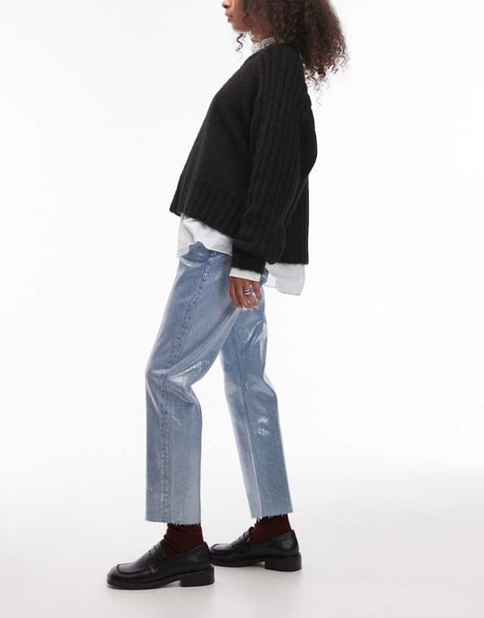 Topshop mid rise straight cropped silver foil jean in bleach - Image 3