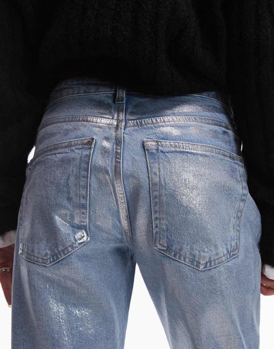 Topshop mid rise straight cropped silver foil jean in bleach - Image 4