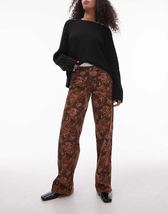 Topshop Ember low rise straight leg jean in brown snake print - Image 1