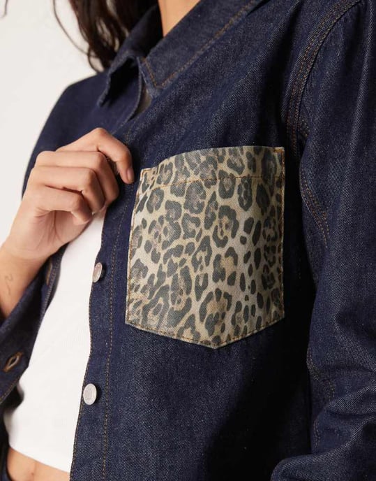ASOS DESIGN denim oversized shirt with leopard print pocket in indigo - Image 2