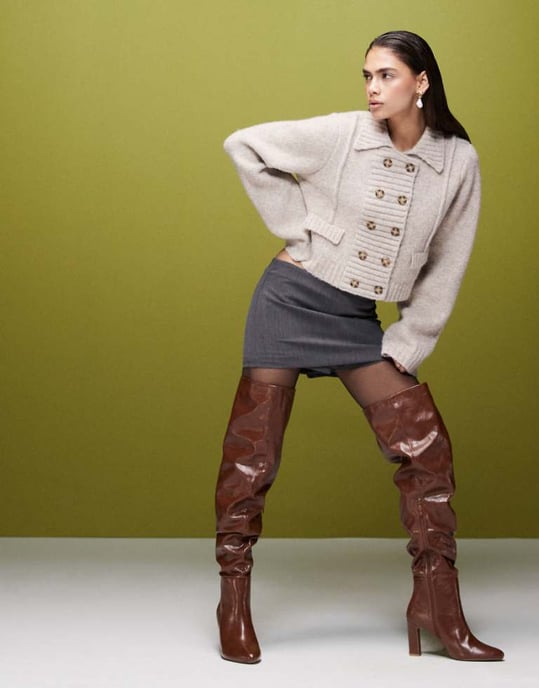 ASOS DESIGN Kaia block heeled ruched over the knee boots in tan - Image 1