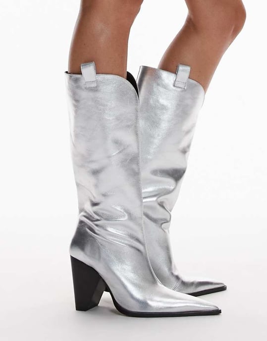Topshop Remy premium leather heeled western boot in silver - Image 1