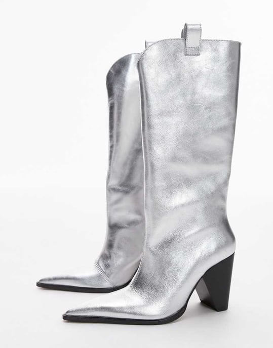 Topshop Remy premium leather heeled western boot in silver - Image 2