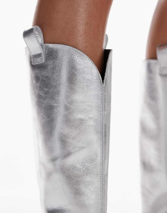 Topshop Remy premium leather heeled western boot in silver - Image 4