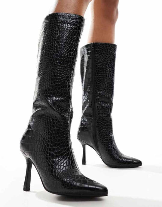 Glamorous kitten heel knee boots in black croc - Image 1