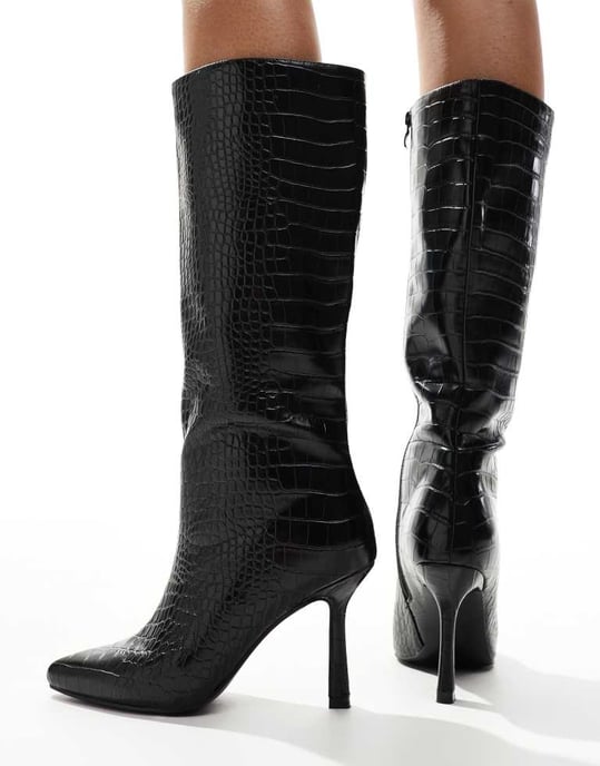 Glamorous kitten heel knee boots in black croc - Image 3