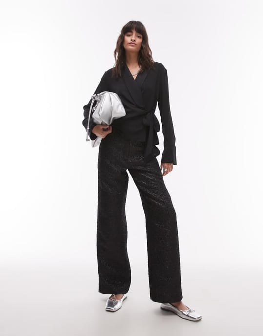 Topshop low slung trouser in textured jacquard in black - Image 1