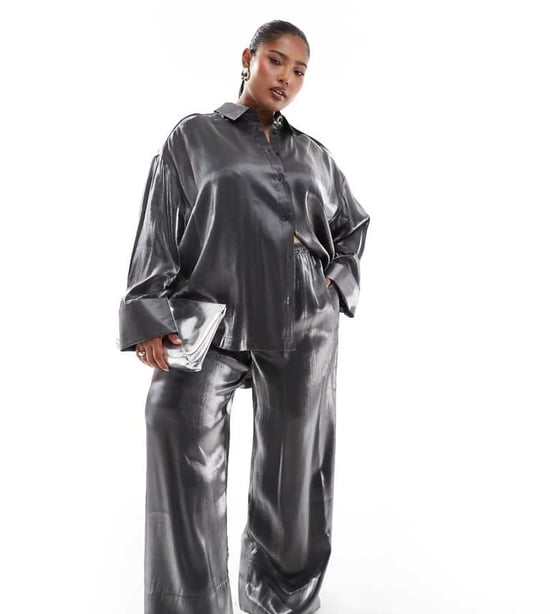 ASOS DESIGN Curve satin pull on trouser in silver co-ord - Image 1