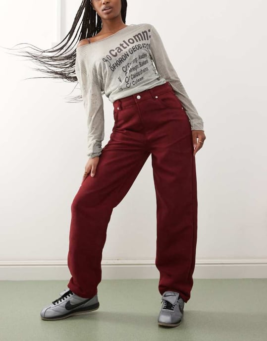 Reclaimed Vintage faux suede straight leg trousers in burgundy - Image 1