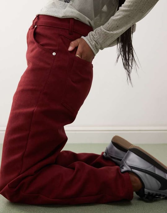 Reclaimed Vintage faux suede straight leg trousers in burgundy - Image 3