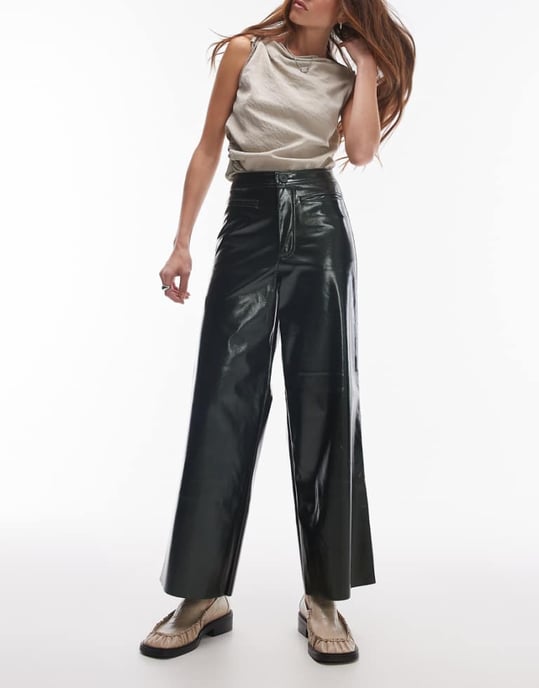 Topshop awkward length vinyl trouser in khaki - Image 1