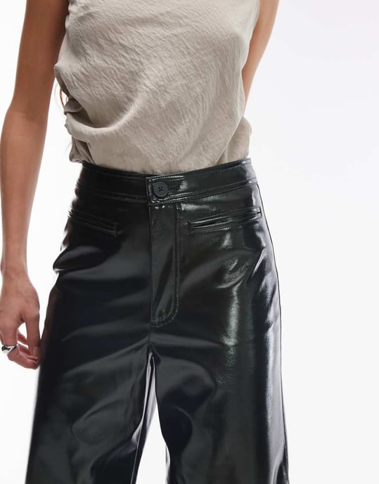 Topshop awkward length vinyl trouser in khaki - Image 2