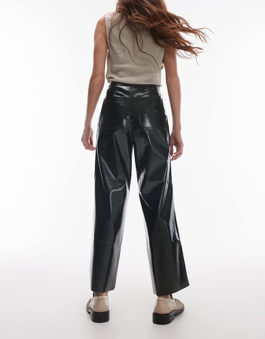 Topshop awkward length vinyl trouser in khaki - Image 3
