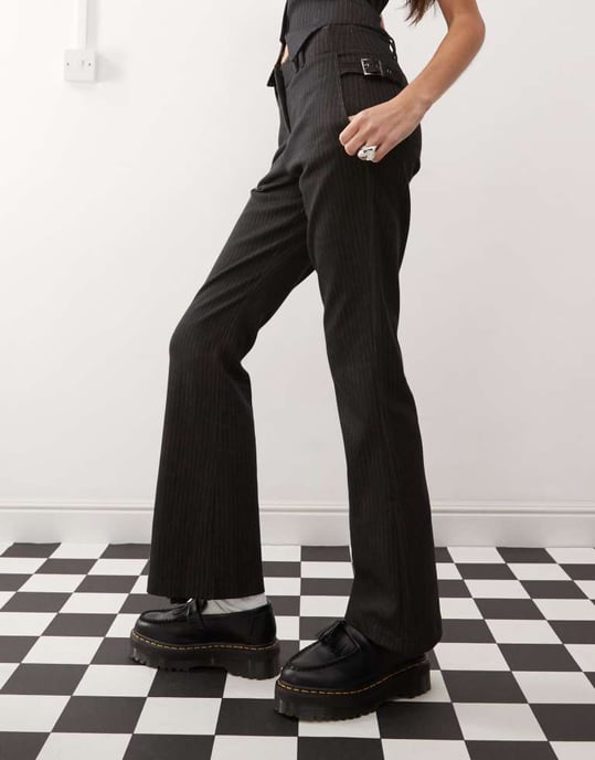 COLLUSION low rise pinstripe kick flare trousers in black - Image 2