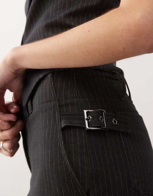 COLLUSION low rise pinstripe kick flare trousers in black - Image 4