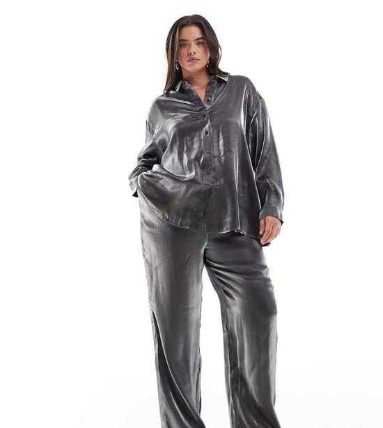 Pieces Curve pull on trouser co-ord in metallic grey - Image 1
