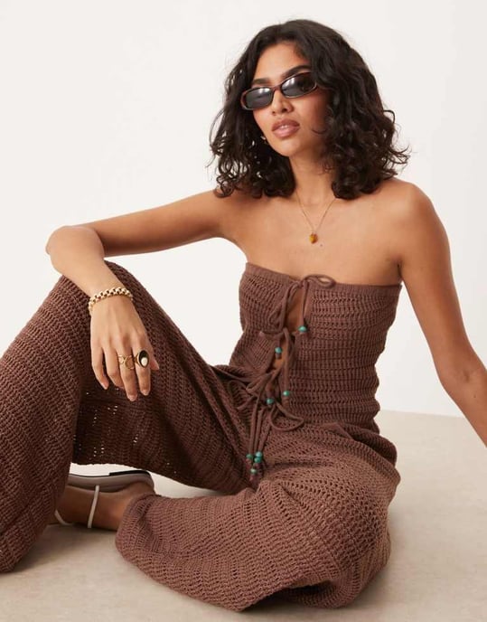 ASOS DESIGN knitted trouser co-ord with turquoise beads in brown - Image 2