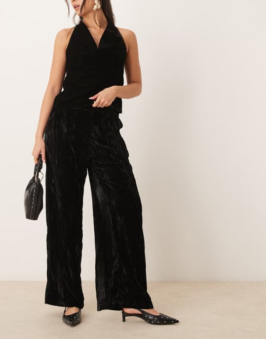 ASOS DESIGN crinkle velvet pull on trouser in black - Image 1