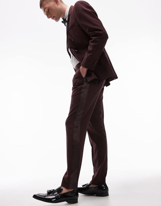 Topman premium slim tux suit trouser in burgundy - Image 4