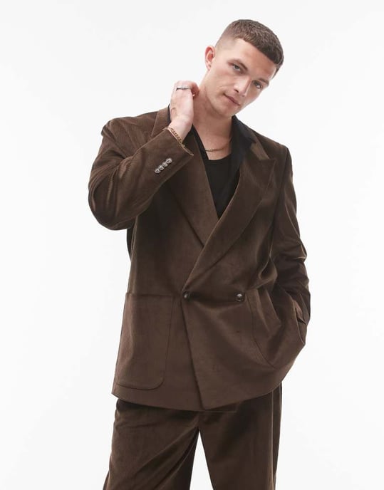 Topman oversized double breasted cord suit jacket in brown - Image 1