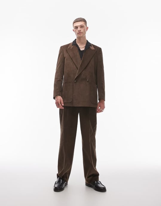 Topman oversized double breasted cord suit jacket in brown - Image 4