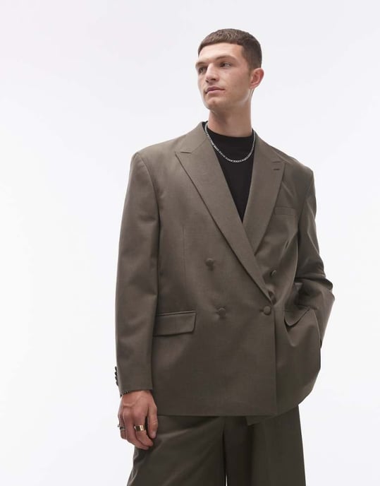 Topman relaxed deconstructed double breasted suit jacket in khaki - Image 1