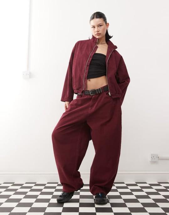 Reclaimed Vintage cord barrel leg jean co-ord in burgundy - Image 1