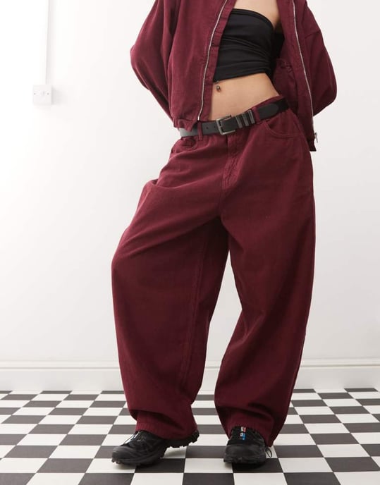 Reclaimed Vintage cord barrel leg jean co-ord in burgundy - Image 2