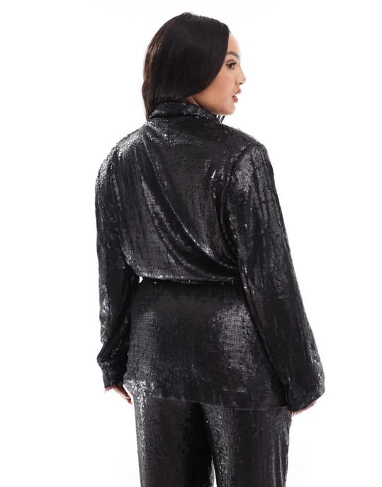 ASOS DESIGN Curve sequin tie waist blazer in black - Image 2
