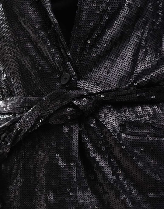 ASOS DESIGN Curve sequin tie waist blazer in black - Image 3