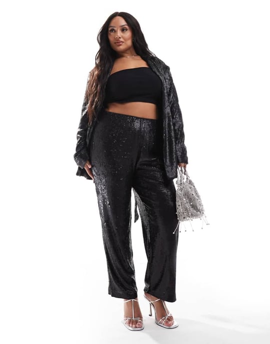 ASOS DESIGN Curve sequin tie waist blazer in black - Image 4