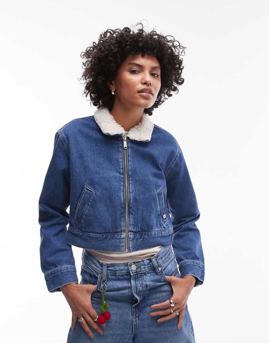 Calvin Klein Jeans sherpa collar zip thru denim jacket in mid wash - Image 1