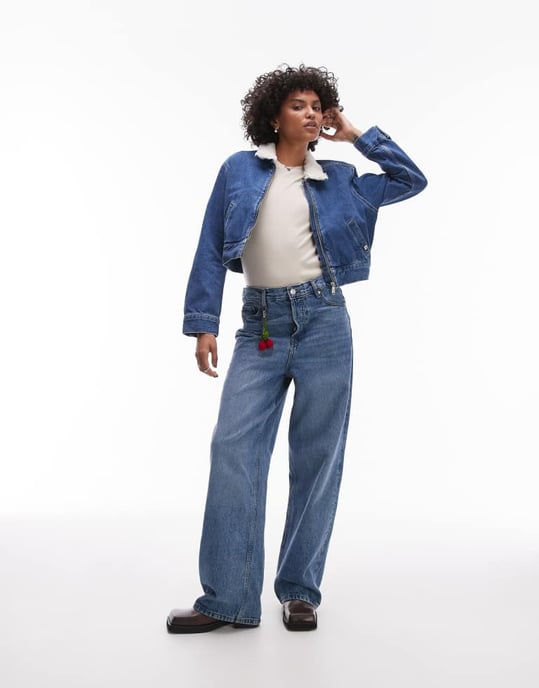 Calvin Klein Jeans sherpa collar zip thru denim jacket in mid wash - Image 2