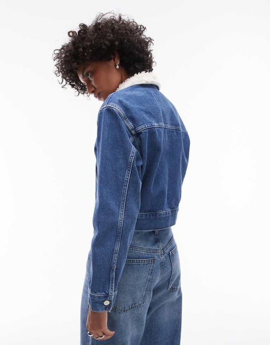 Calvin Klein Jeans sherpa collar zip thru denim jacket in mid wash - Image 4