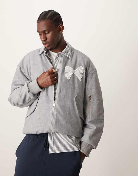 Sister Janeunisex bow embroidered bomber jacket in grey - Image 2