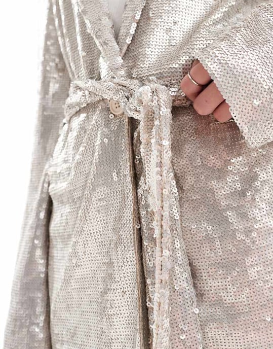 ASOS DESIGN sequin tie waist blazer in cream - Image 2