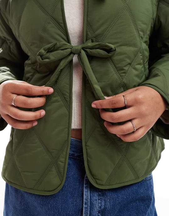 ASOS DESIGN quilted frill collar jacket with tie front in khaki - Image 2