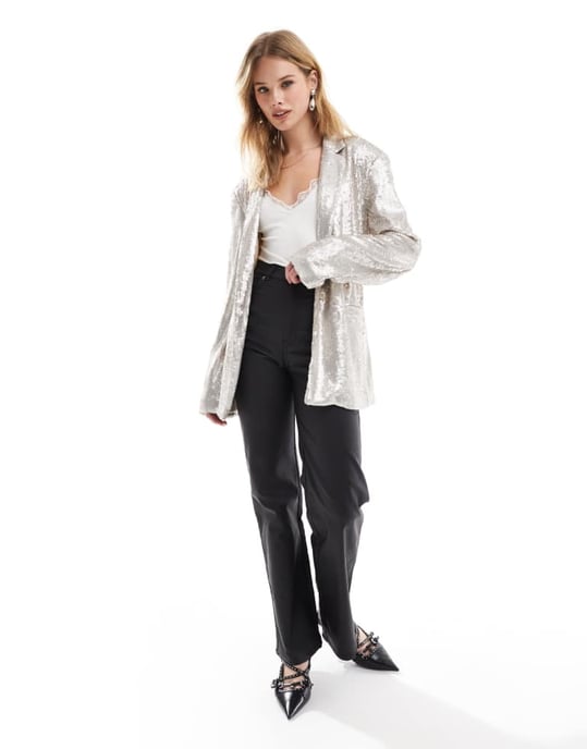 ASOS DESIGN sequin tie waist blazer in cream - Image 3