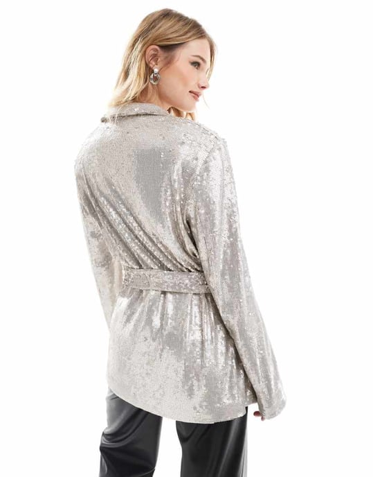 ASOS DESIGN sequin tie waist blazer in cream - Image 4