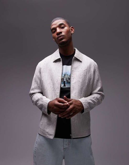 Topman premium textured harrington jacket in stone - Image 1