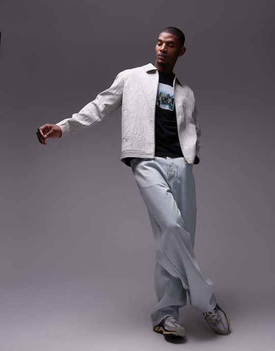 Topman premium textured harrington jacket in stone - Image 3