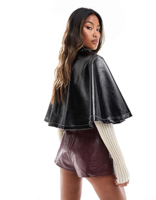 ASOS DESIGN high shine leather look cape jacket in black - Image 3