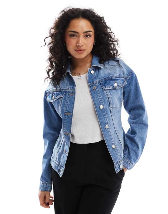 ASOS DESIGN denim cinched jacket in mid blue - Image 1